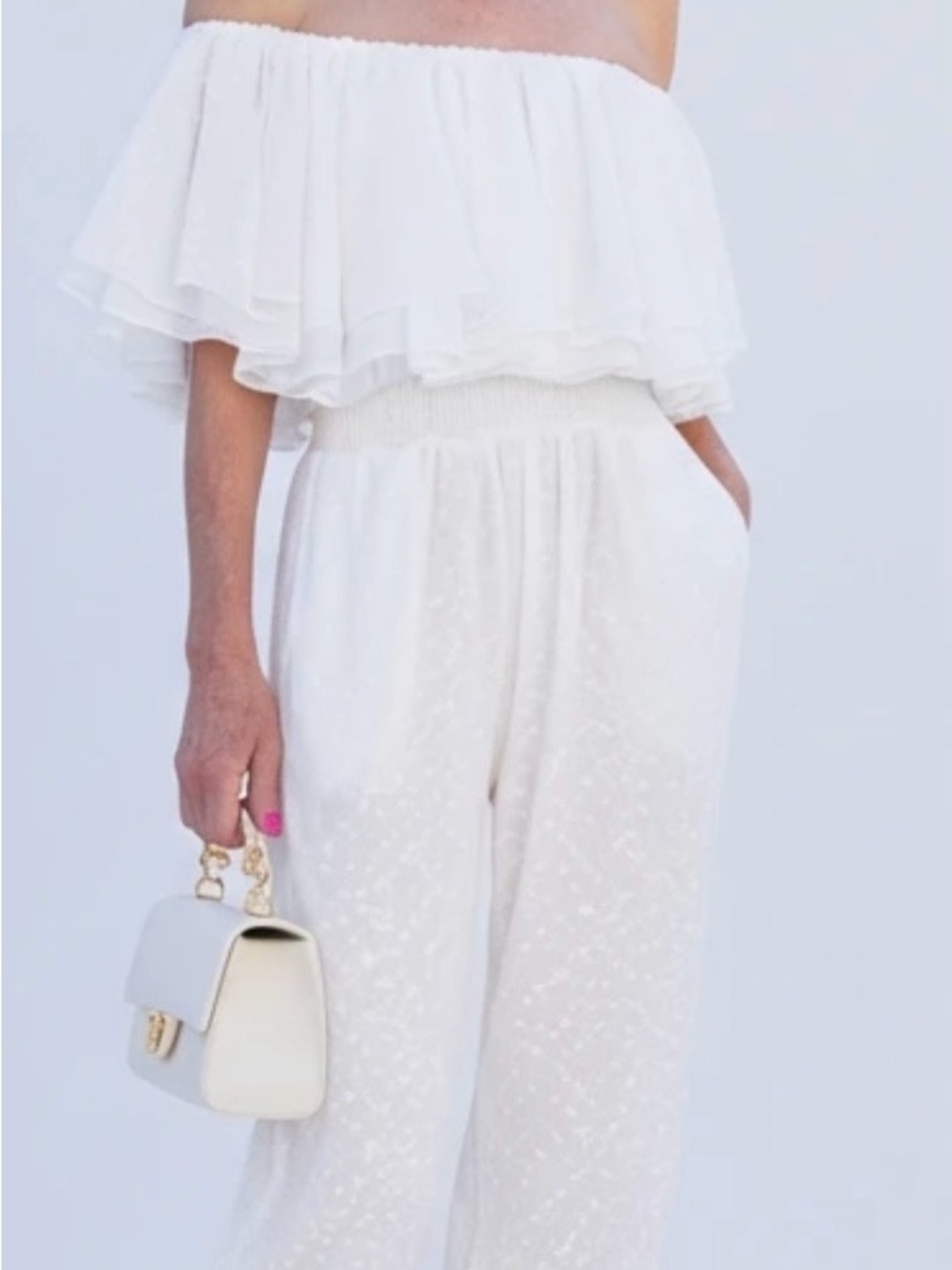 Misa Los Angeles White Off-Shoulder Ruffle Jumpsuit